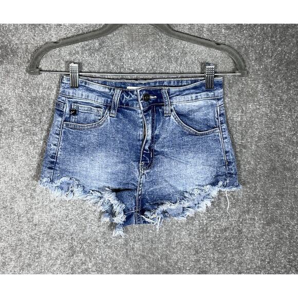 KanCan Jean Shorts Womens Juniors Size 5 Stretch Acid Wash‎ Blue Denim Raw Hem - Picture 1 of 11